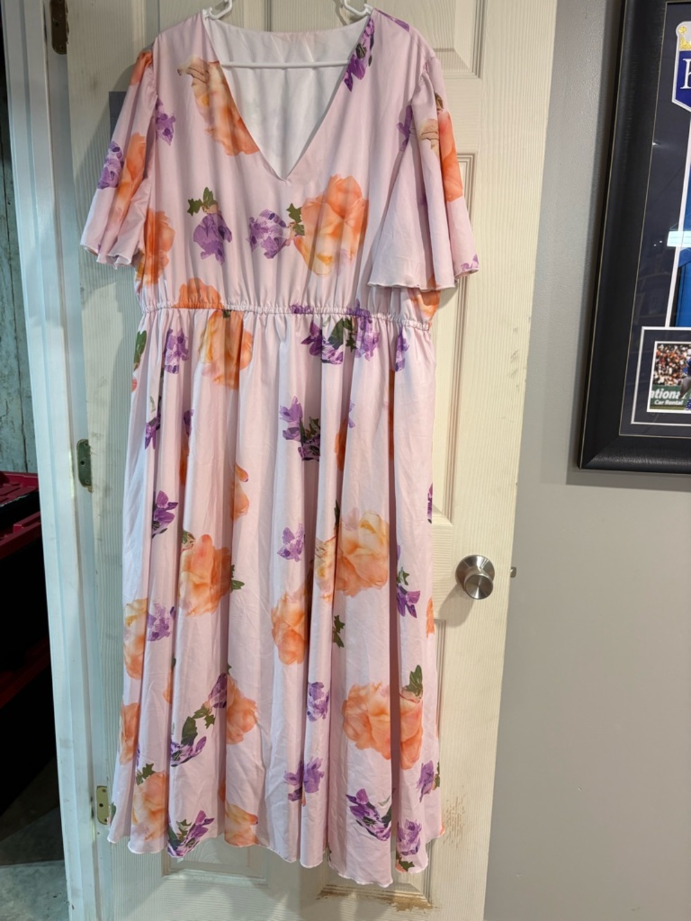 Pink Floral V-Neck Womens Casual Dress with Orange & Purple Blooms